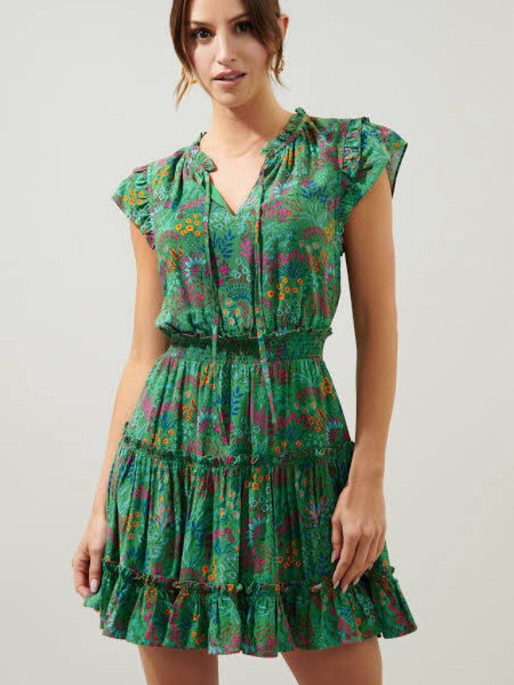 Sugarlips Ruya Floral Split Neck Ruffle Cap Sleeve Smock Waist Mini Dress, XL